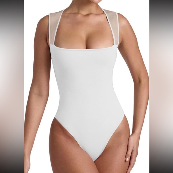 ReoRia Tops - REORIA Women’s Sexy Square Neck Mesh Sheer Double Lined Thong Bodysuit NWT L